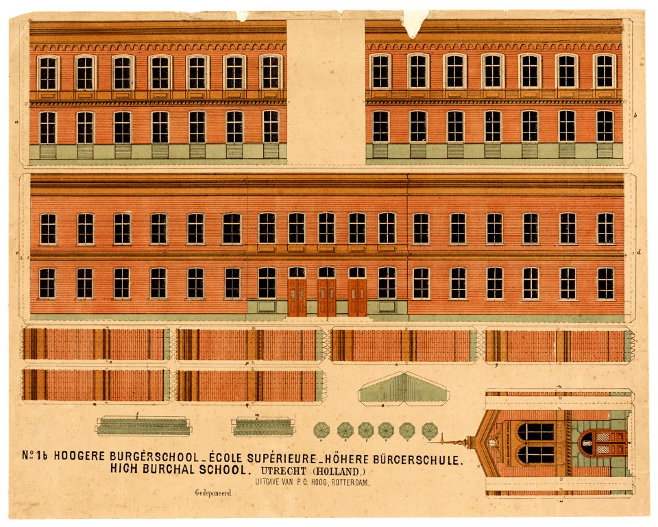HUA-214721-Opstanden van de voor en achtergevel van de Rijks Hoogere Burger School RHBS aan de Kruisstraat te UtrechtNB Deze bouwtekening vormt met nr 214722 een