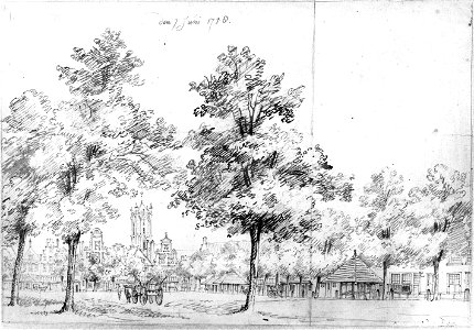 HUA-30576-Gezicht op de noordoosthoek van het Vredenburg te Utrecht met de hoefstallen en op de achtergrond de toren van de Jacobikerk