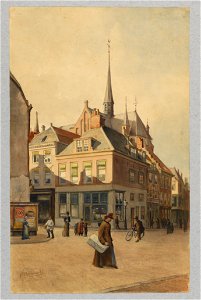HUA-30478-Gezicht op de hoek Oudkerkhof Korte Jansstraat te Utrecht vanuit de Domsteeg Domstraat met in het midden het hoekhuis Oudkerkhof 48 en op de achtergro