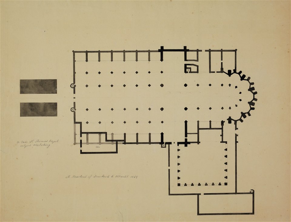 HUA-214425-Plattegrond van de Domkerk met de kloostergang het Kapittelhuis de H Kruiskapel en de contouren van de Domtoren te Utrecht 