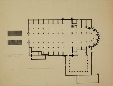 HUA-214425-Plattegrond van de Domkerk met de kloostergang het Kapittelhuis de H Kruiskapel en de contouren van de Domtoren te Utrecht 