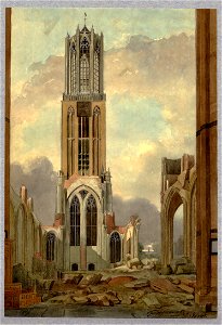 HUA-31025-Gezicht op de Domtoren en het ingestorte schip van de Domkerk Domplein te Utrecht na de orkaan storm van 1 augustus 1674