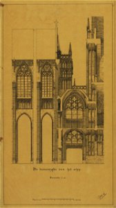 HUA-216356-Afbeelding van de Domkerk te Utrecht met weergave van het in 1674 ingestorte gedeelte opstand doorsnede van de verbinding tussen de kerk en de toren m