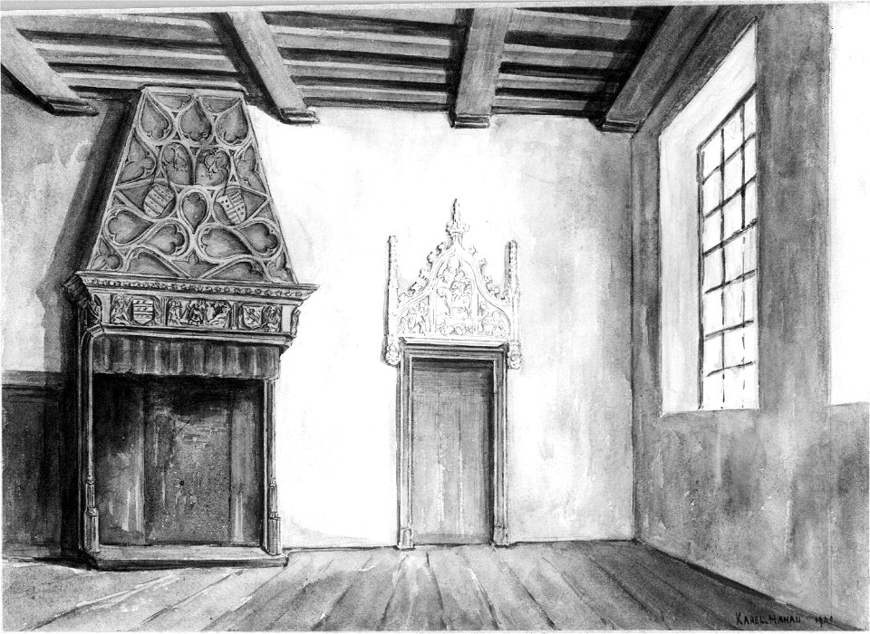 HUA-30688-Interieur van het huis Zoudenbalch Donkerstraat E 422a 423 te Utrecht de zaal met een gotische schoorsteenmantel en een gotisch bovendeurstuk NB Het a
