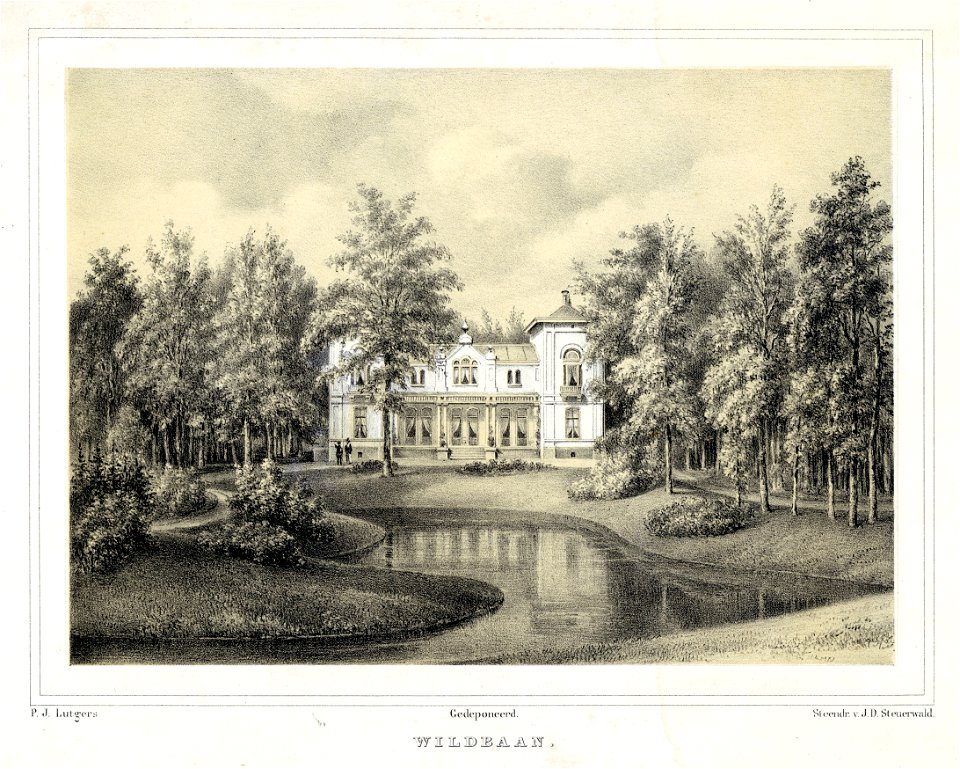 HUA-202417-Gezicht op de achtergevel van het huis De Wildbaan en zijn landschapstuin aan de Hoofdstraat te DriebergenNB In 1944 is de villa gebombardeerd en daar