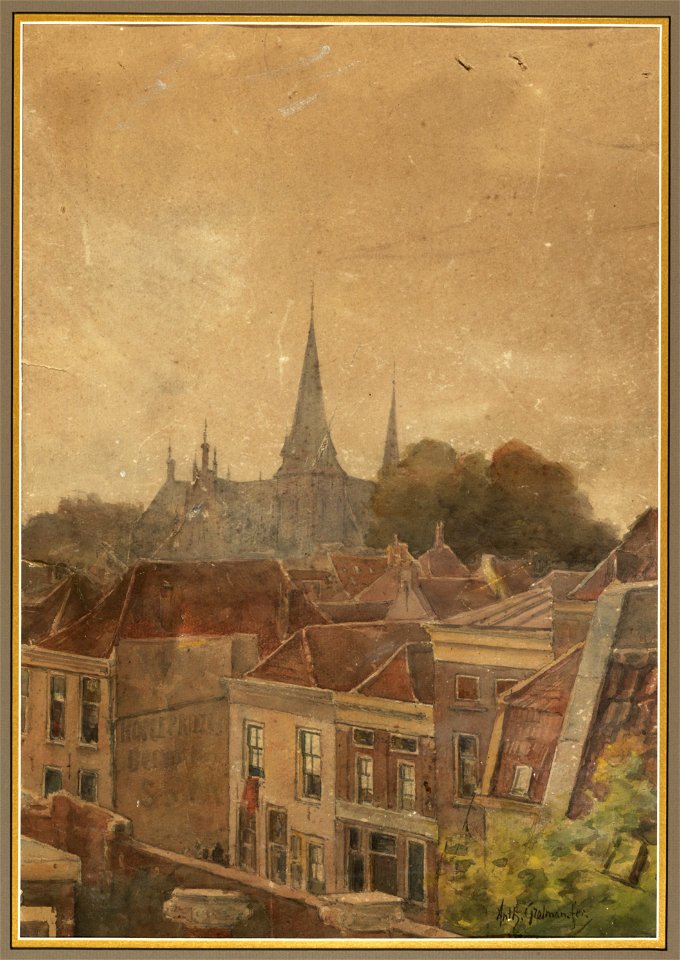 HUA-28361-Gezicht vanaf een hoog standpunt de fabriek van Begeer aan de Strosteeg in de richting van de Mariaplaats te Utrecht met op de achtergrond de contoure