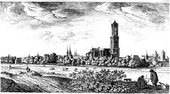 HUA-30772-Profiel van de stad Utrecht uit het noordoosten gezien De letters staan voor de volgende gebouwen D Nicolaikerk E St Hieronymusschool F St Catharinake
