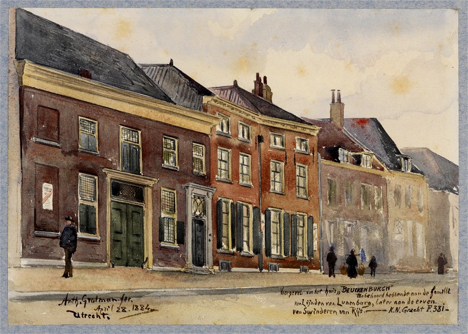 HUA-30715-Gezicht op de voorgevels van de huizen aan de Kromme Nieuwegracht te Utrecht met links het huis Beukenburg Kromme Nieuwegracht F 381 en rechts daarvan