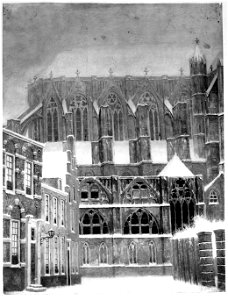 HUA-31049-Gezicht op de noordgevel van het koor van de Domkerk te Utrecht vanuit de Domsteeg uit het westen in de winterNB de naam Domsteeg is in 1916 gewijzigd