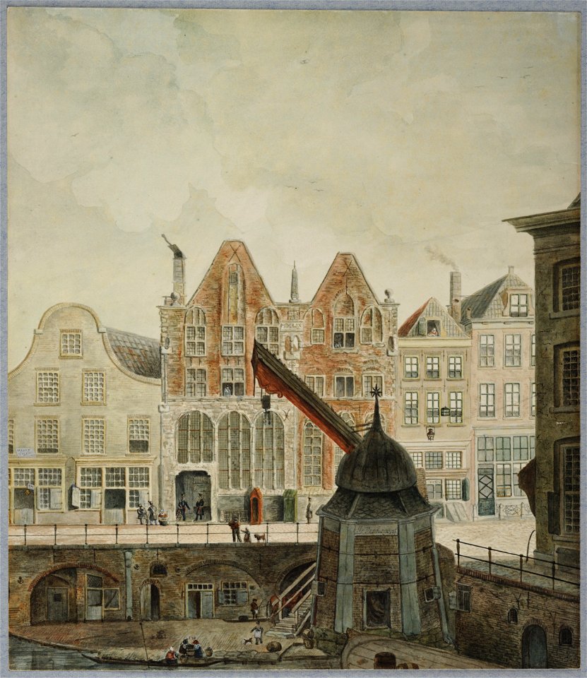 HUA-30410-Gezicht op de Oudegracht te Utrecht bij de Stadhuisbrug met de voorgevels van de huizen aan de noordzijde van de gracht en de Ganzenmarkt met in het m