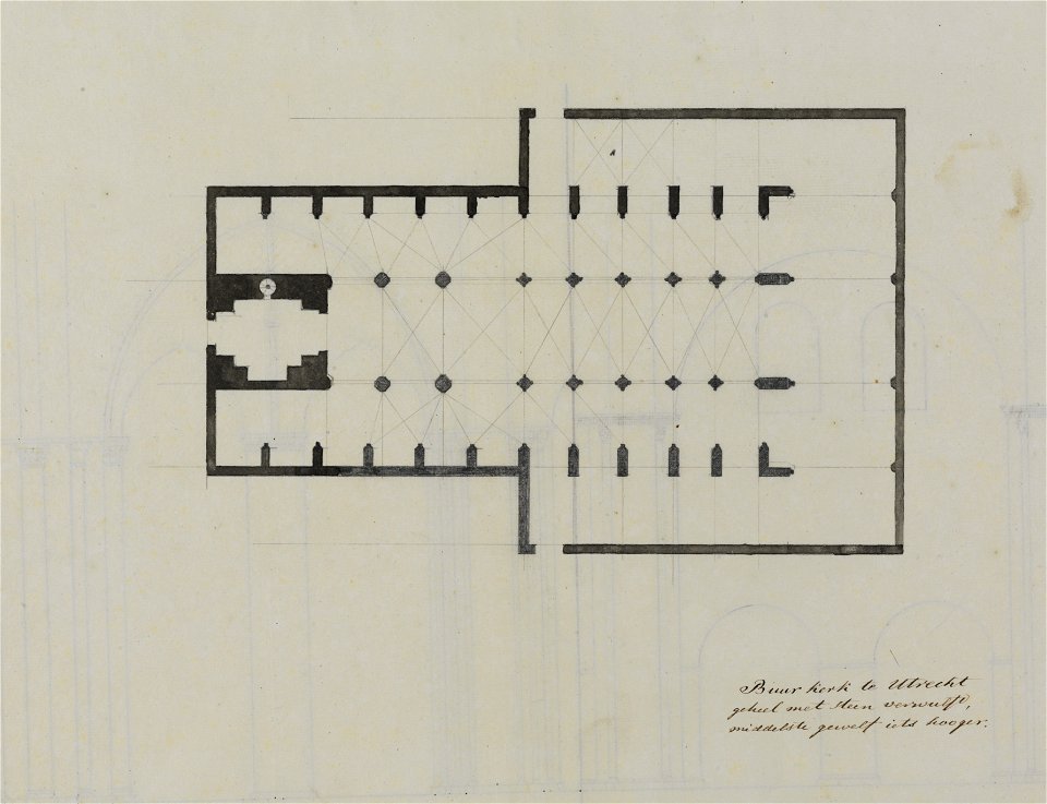 HUA-214561-Plattegrond van de Buurkerk te UtrechtOp de achterzijde interieur van de kerken te Oldenzaal en Ootmarsum een travee met doorgang en vensters 