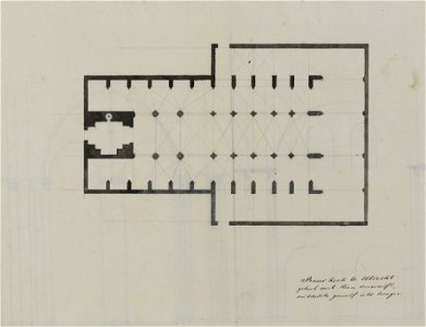 HUA-214561-Plattegrond van de Buurkerk te UtrechtOp de achterzijde interieur van de kerken te Oldenzaal en Ootmarsum een travee met doorgang en vensters 