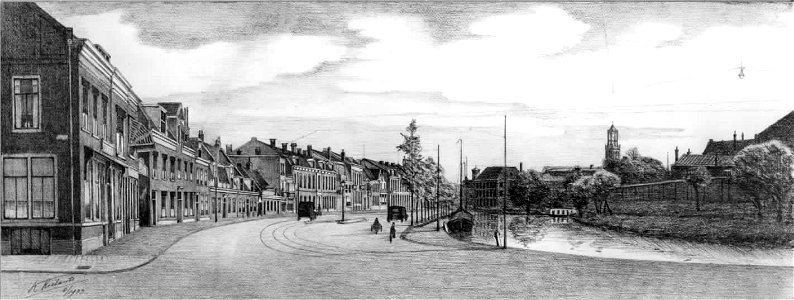 HUA-28336-Gezicht op de Wittevrouwensingel te Utrecht vanaf de bocht bij de Kleine Singel uit het noorden met links de huizen aan de oostzijde en rechts een ged