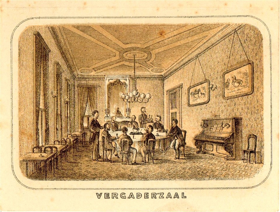 HUA-31499-Interieur van het Haagsche Koffiehuis Vredenburg C 730 te Utrecht de vergaderzaalNB Het adres Vredenburg C 730 is in 1890 gewijzigd in Vredenburg 22 R