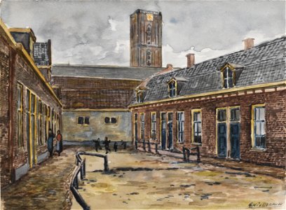 HUA-220508-Gezicht in de Oranjehof te Utrecht met op de achtergrond de toren van de Jacobikerk Jacobskerkhof 