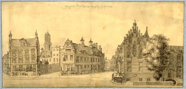 HUA-30481-Gezicht op de noordzijde van de Pausdam te Utrecht met geheel links een gezicht in de Trans links een gezicht in Achter de Dom met de Domtoren op de a
