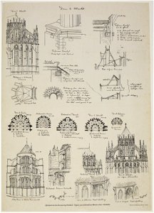HUA-214451-Afbeelding van het gerestaureerde koor van de Domkerk te Utrecht met verschillende details van de oude toestand en afbeeldingen van meerdere kerken in