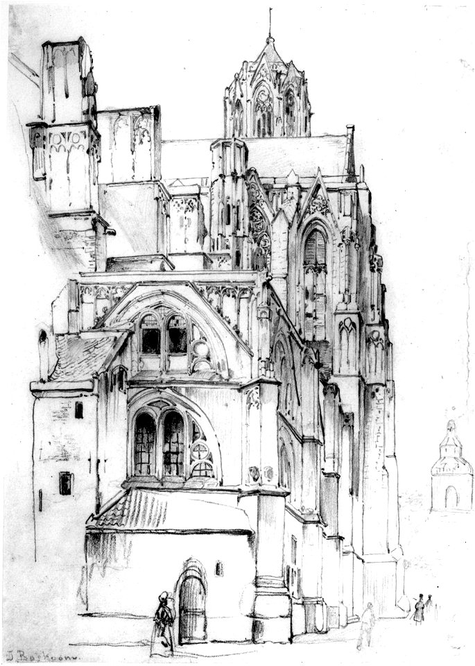 HUA-31050-Gezicht op het koor en de Librije van de Domkerk te Utrecht uit het oosten vanuit de Voetiusstraat met het bovenste gedeelte van de Domtoren en de tor