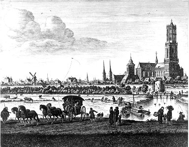 HUA-30781-Profiel van de stad Utrecht uit het westen gezien het gedeelte met de Pieterskerk de Buurkerk en de Domkerk en op de voorgrond de Kruisvaart De nummer