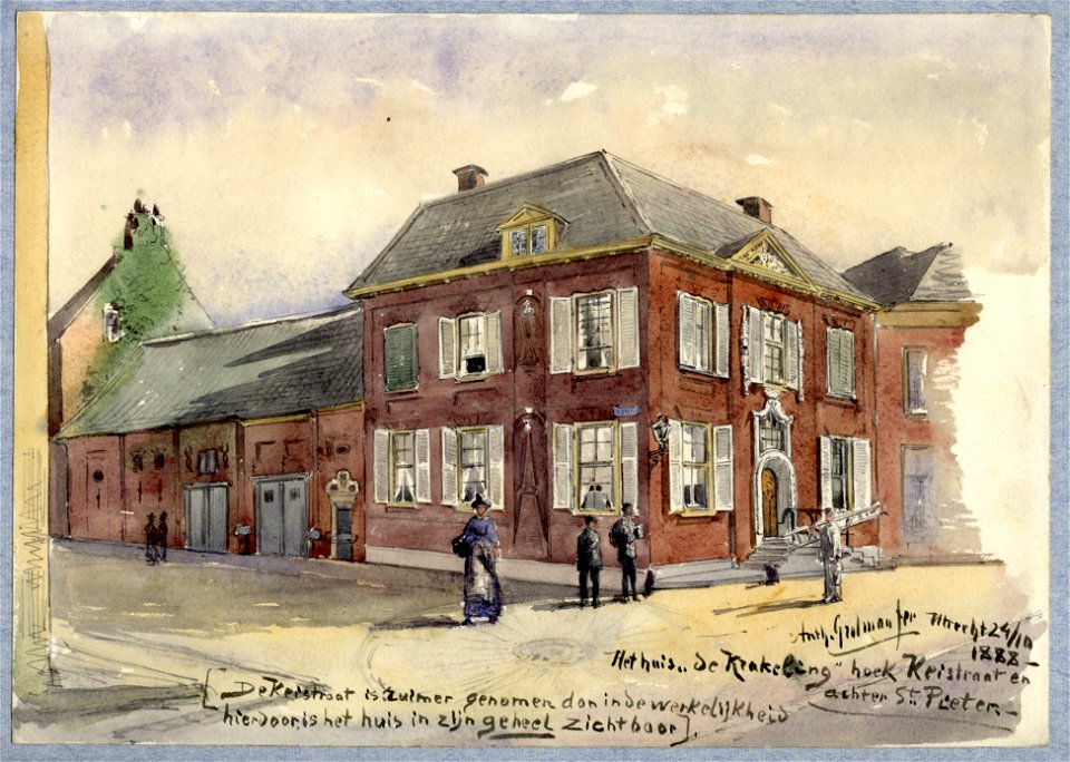 HUA-30672-Gezicht op de zij en de voorgevel van het huis De Krakeling Achter St Pieter F 344 te Utrecht met links het koetshuis aan de Keistraat uit het zuidwes