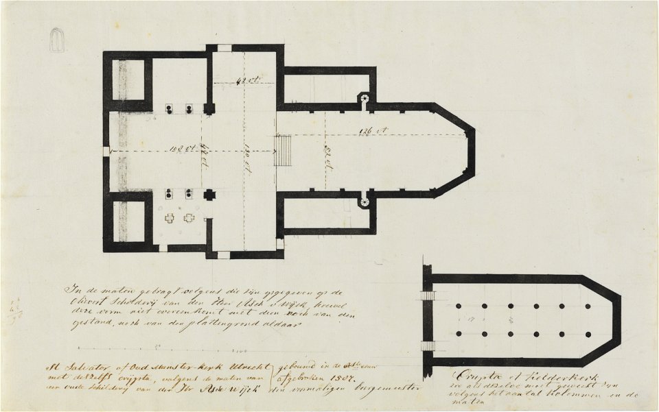 HUA-214509-Plattegrond van de Oud Munsterkerk met crypte te Utrecht met toelichting en opmetingsgegevens NB Met los bijgevoegde toelichting De kerk is in 1587 af