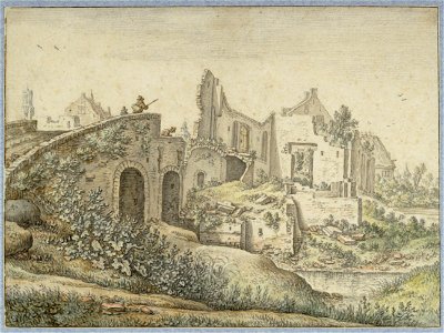 HUA-30817-Gezicht op de Gildbrug over de Biltsche Grift ten oosten van de stad Utrecht met de ruïne van een huis naast de brug en daarchter de schoorstenen van 