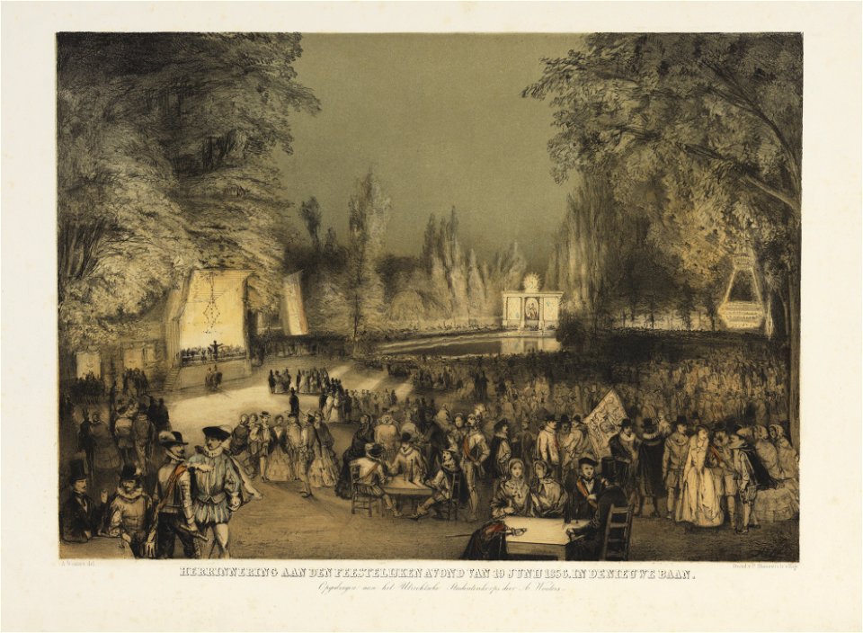 HUA-29105-Afbeelding van de bijeenkomst in de Nieuwe Baan te Utrecht in de avond van 19 juni 1855 twee dagen na de maskerade van het Utrechtsch Studenten Corps 