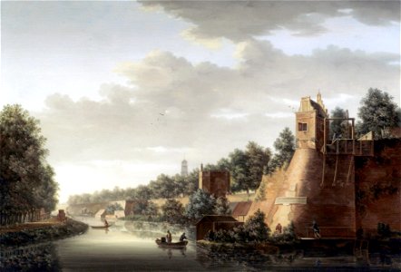 HUA-26197-Gezicht over de stadsbuitengracht op de stadswal te Utrecht uit het noordoosten met rechts het bastion Zonnenburg in het midden de toren op het St Ser