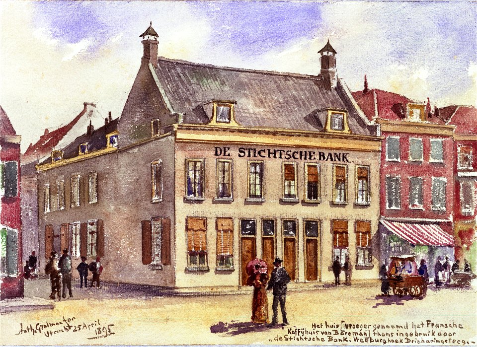HUA-31681-Gezicht op het huis Vredenburg 2 te Utrecht op de hoek van de Drieharingstraat in gebruik als kantoor van De Stichtsche Bank