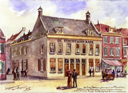 HUA-31681-Gezicht op het huis Vredenburg 2 te Utrecht op de hoek van de Drieharingstraat in gebruik als kantoor van De Stichtsche Bank