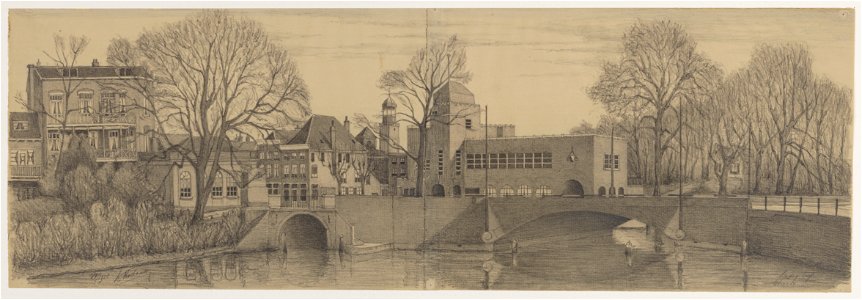 HUA-28653-Gezicht over de stadsbuitengracht op de Tolsteegbrug te Utrecht uit het zuidwesten met het politiebureau Tolsteeg en links daarvan de uitmonding van d