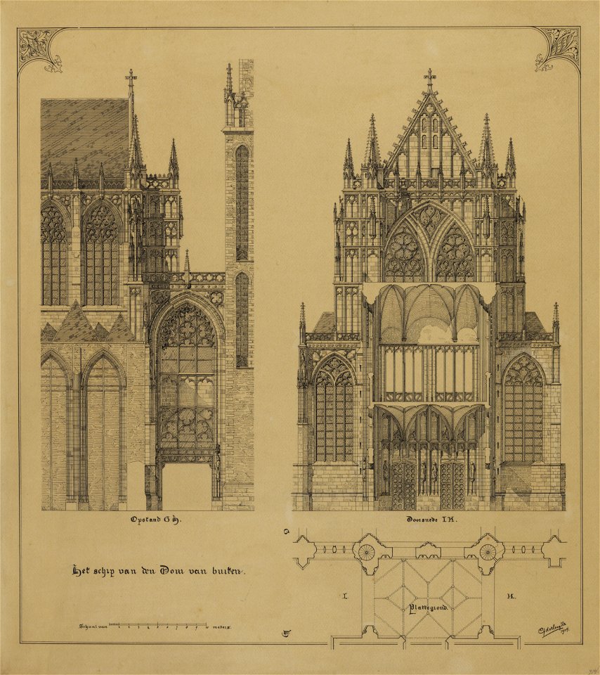 HUA-216353-Afbeeldingen van het exterieur en interieur van de Domkerk te Utrecht met weergave van het in 1674 ingestorte gedeelte plattegrond en opstand van de v
