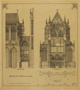 HUA-216353-Afbeeldingen van het exterieur en interieur van de Domkerk te Utrecht met weergave van het in 1674 ingestorte gedeelte plattegrond en opstand van de v