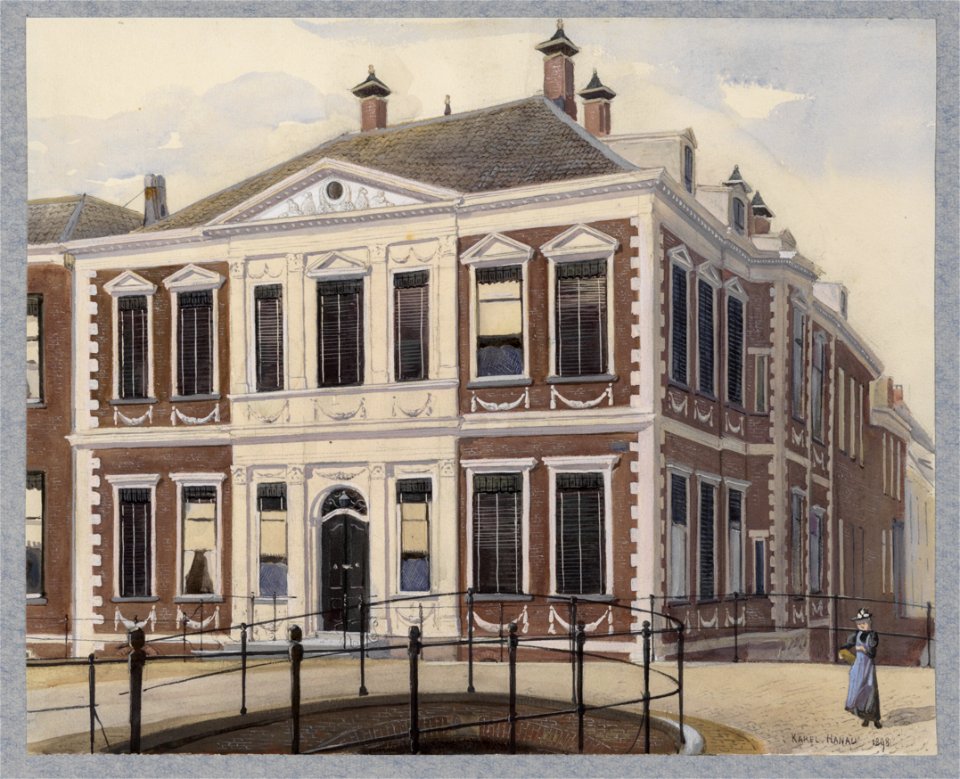 HUA-30703-Gezicht op de voorgevel en de zijgevel van het huis Janskerkhof 13 te Utrecht uit het zuidoosten vanaf de Drift bij de Maarsbergerbrug