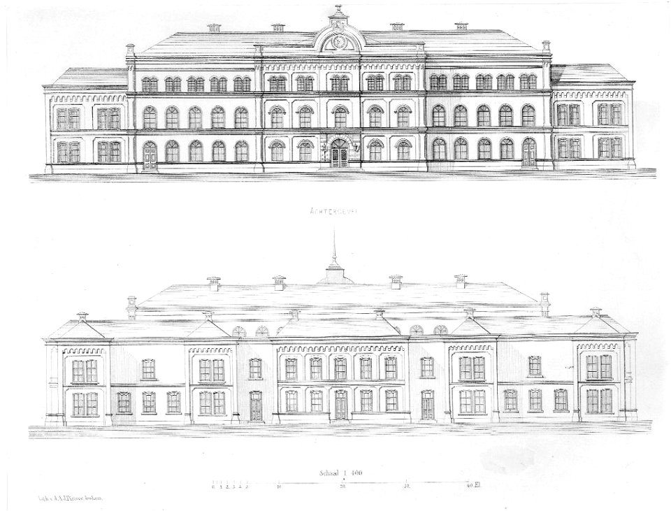 HUA-31584-Opstanden van de voorgevel boven en van de achtergevel onder van het Algemeen Ziekenhuis aan de Catharijnesingel te Utrecht uit het zuidoostenNB De na