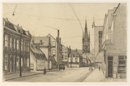 HUA-30017-Gezicht in de Adelaarstraat te Utrecht uit het noordoosten vanaf de Gruttersdijk in de richting van de Kaatstraat met op de achtergrond de toren van d