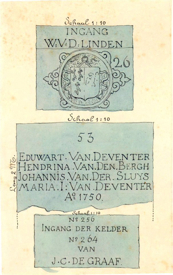 HUA-31192-Afbeelding van drie grafstenen in de Jacobikerk te Utrecht één met de naam W vd Linden nr 26 één met de namen Eduwart van Deventer Hendrina van den Be