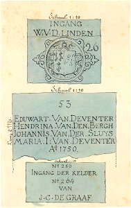 HUA-31192-Afbeelding van drie grafstenen in de Jacobikerk te Utrecht één met de naam W vd Linden nr 26 één met de namen Eduwart van Deventer Hendrina van den Be