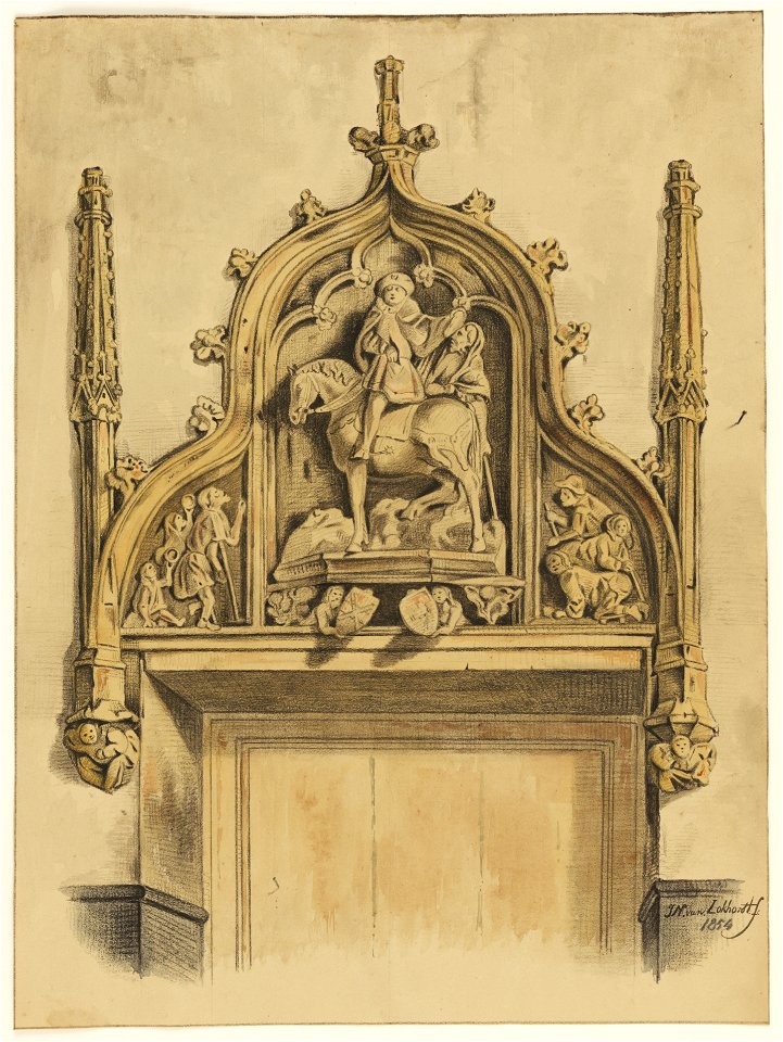 HUA-31626-Afbeelding van het gebeeldhouwde reliëf voorstellende St Maarten Martinus van Tours met de bedelaar boven een deur in de zaal van het huis Zoudenbalch