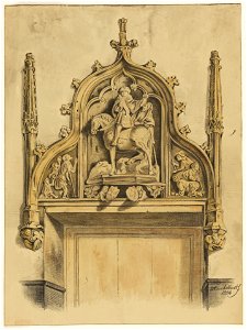 HUA-31626-Afbeelding van het gebeeldhouwde reliëf voorstellende St Maarten Martinus van Tours met de bedelaar boven een deur in de zaal van het huis Zoudenbalch