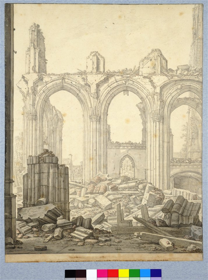 HUA-28631-Gezicht op de ruïne van het schip van de Domkerk te Utrecht uit het zuiden links de afgebroken pijler op de achtergrond vlnr de Leeuwenberchkapel het 