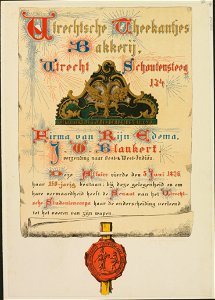 HUA-206538-Oorkonde ter gelegenheid van het 150 jarig bestaan in 1876 van de bakkerij Den Dubbelden Arend Schoutensteeg G134 na 1890 Schoutenstraat 13 te Utrecht