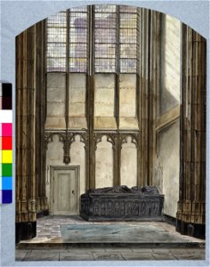 HUA-31090-Interieur van de Domkerk te Utrecht de kapel van bisschop Guy van Avennes met zijn graftombe en links de deur naar de kerkraadskamer