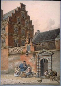 HUA-31320-Gezicht op de achteringang van het stadhuis aan de Korte Minrebroederstraat te Utrecht met de achtergevel van de Stadskelder aan het Oudkerkhof en naa
