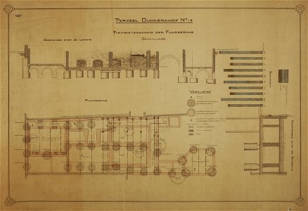 HUA-216852-Plattegrond en doorsneden van het funderingsplan voor het gebouw van de Bank Van Huydecoper en Van Dielen Oudkerkhof 13 te UtrechtMet legenda en een a