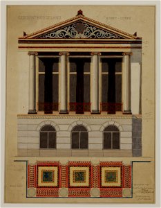 HUA-216546-Opstand van de zuilenportiek met fronton aan de achtergevel en plattegrond van de daarachter gelegen tegelvloer van het huis Het Hoogeland Museumlaan 
