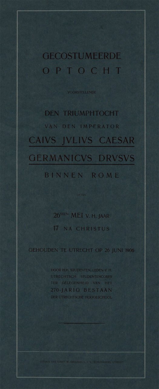 HUA-27555-Afbeelding van het omslag cq het titelblad van een serie van 10 kleurenlitho s van de maskerade van de studenten van de Utrechtse hogeschool ter geleg