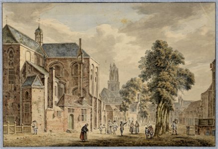HUA-31105-Gezicht op de Pieterskerk aan het Pieterskerkhof te Utrecht met op de achtergrond de Domkerk en toren uit het noordoosten