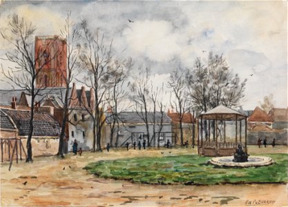 HUA-220457-Gezicht in het Oranjepark te Utrecht met rechts de muziektent en de fontein en links op de achtergrond de toren van de Jacobikerk Jacobskerkhof 