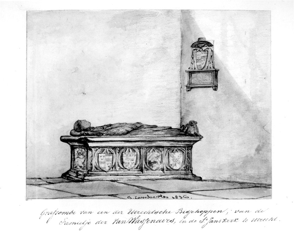 HUA-31129-Interieur van de Janskerk te Utrecht afbeelding van de graftombe van de proost Dirck van Wassenaer uit het zuidoosten